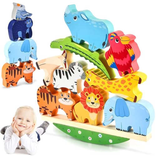 Newtic Stapelspiel Holzspielzeug ab 3 Jahre, Montessori Holzspielzeug ab 2 3 4 5 Jahren, Tier Balancierspiel, Holz Motorikspielzeug, Feinmotorik Lernspielzeug Geschenke für Baby Kleinkinder von Newtic