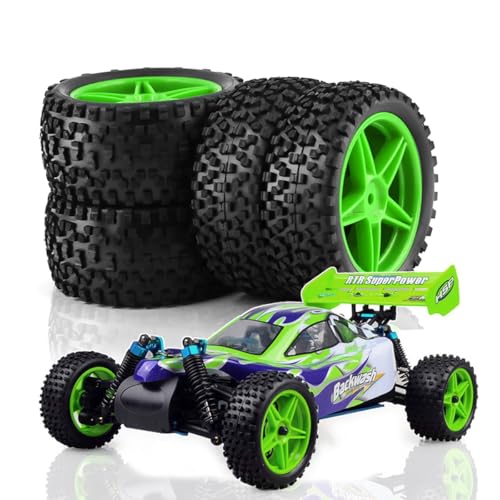 NexaPart RC-Zubehör Verschleißfeste Offroad-Reifen, Kunststofffelgen, Gummireifen for 1:10 RC-Autos, HSP 94107, 94166, 94106, 94155, Tamiya, Wltoys 144001(4pcs Green) von NexaPart