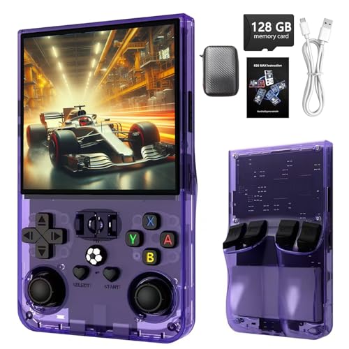 R36MAX Retro-Handheld-Spielekonsole mit 128 GB TF-Karte und integrierten 22000+ vorinstallierten Klassikern, 4 Zoll IPS-Bildschirm, Open-Source-Linux-System, unterstützt 30+ Emulatoren (Lila, mit von NexaSymphy