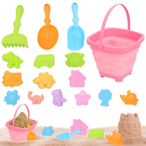 Nexoria 16 Stück Sandspielzeug Set, Strandspielzeug Kinder Sandkasten Spielzeug mit Faltbarer Eimer Sandförmchen Reise Sand Spielzeu mit Sandschaufel Sandspielzeug ab 2 3 4 5 Jahre Mädchen Junge (A) von Nexoria