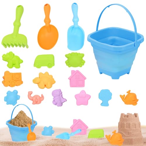 Nexoria 16 Stück Sandspielzeug Set, Strandspielzeug Kinder Sandkasten Spielzeug mit Faltbarer Eimer Sandförmchen Reise Sand Spielzeu mit Sandschaufel Sandspielzeug ab 2 3 4 5 Jahre Mädchen Junge (B) von Nexoria