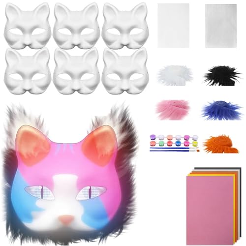 Nexoria Katzenmasken zum Bemalen, 6 Stück Therian Mask Kit Fluoreszenz Therian Masken Basteln Set mit Blanko Katzenmaske Masken Basteln Furry Tiermasken für Halloween Karneval Cosplay Party (A) von Nexoria