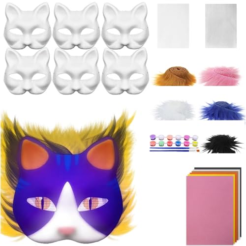 Nexoria Katzenmasken zum Bemalen, 6 Stück Therian Mask Kit Fluoreszenz Therian Masken Basteln Set mit Blanko Katzenmaske Masken Basteln Furry Tiermasken für Halloween Karneval Cosplay Party (B) von Nexoria