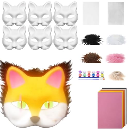 Nexoria Katzenmasken zum Bemalen, 6 Stück Therian Mask Kit Fluoreszenz Therian Masken Basteln Set mit Blanko Katzenmaske Masken Basteln Furry Tiermasken für Halloween Karneval Cosplay Party (C) von Nexoria