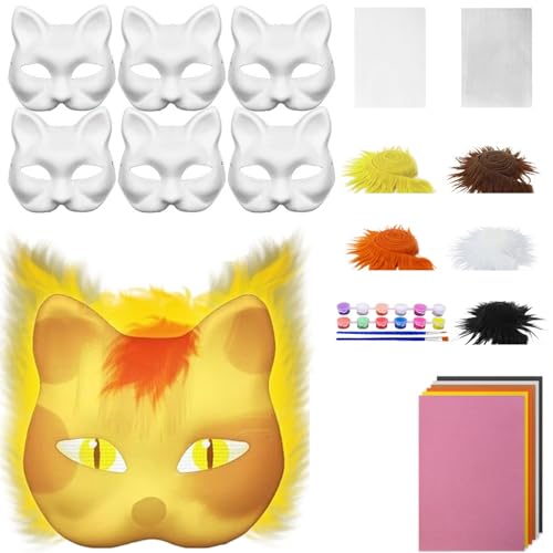 Nexoria Katzenmasken zum Bemalen, 6 Stück Therian Mask Kit Fluoreszenz Therian Masken Basteln Set mit Blanko Katzenmaske Masken Basteln Furry Tiermasken für Halloween Karneval Cosplay Party (D) von Nexoria