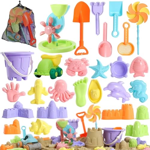 Nexoria Sandspielzeug Strandspielzeug Kinder, 28 Stück Sandkasten Spielzeug Kinder mit Faltbarer Eimer Sandförmchen Sandspielzeug Set mit Sandschaufel Tasche Reise Sand Spielzeug für Jungen Mädchen von Nexoria