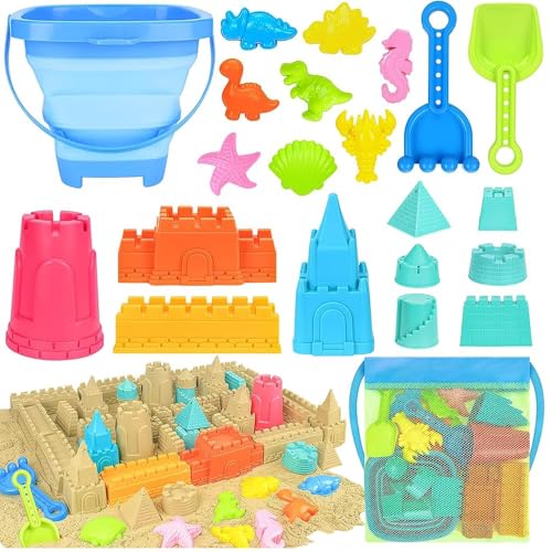Sandspielzeug Strandspielzeug Kinder, 24 Stück Sandspielzeug Set Sandkasten Spielzeug Kinder mit Faltbarer Eimer Reise Sand Spielzeu mit Sandförmchen Sandschaufel Tasche Bagger für Mädchen Junge (C) von Nexoria