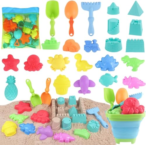 Sandspielzeug Strandspielzeug Kinder, 24 Stück Sandspielzeug Set Sandkasten Spielzeug Kinder mit Faltbarer Eimer Reise Sand Spielzeu mit Sandförmchen Sandschaufel Tasche Bagger für Mädchen Junge (B) von Nexoria