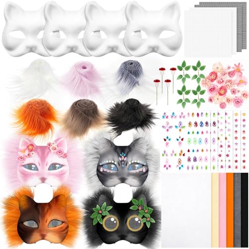 Therian Mask Kit, Therian Masken Basteln Set mit 4 Stück Blanko Katzenmaske Plüsch Kunstfellaugen Katzenmaske mit Augen Mesh Pelz Furry Tiermasken Therian Masken für Halloween Karneval Cosplay (A) von Nexoria