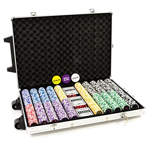 Trolley Pokerkoffer 1000 OCEAN CHAMPION Chips Laser Pokerchips Poker Komplett Set Trolley Koffer aus Aluminium mit Schloss + Schlüssel + Griff und Rädern 11g Chip mit Metallkern inkl. Kunststoffkarten von Nexos Trading