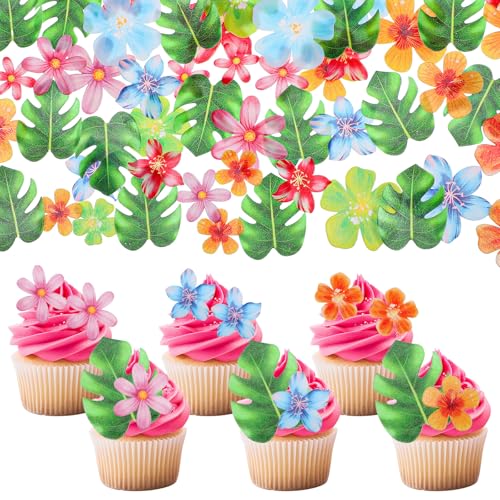 60 Stück Esspapier Tortendeko,Enthält 40 Stück Essbare Blumen und 20 Stück Esspapier Blätter für Cupcake Topper,Tortendeko Essbar,Dschungel Geburtstag Dekoration für Hawaii von Neyauo