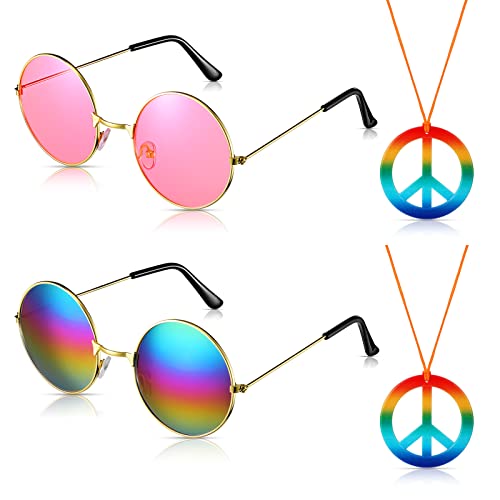 4 Stück Hippie Kostüm Zubehör Hippie Brille Friedenszeichen Halskette Retro Hippie 60er Jahre Accessoires für Frauen Herren Hippie Kostüm Party Zubehör für Halloween Festival von Nezyo