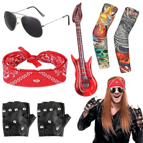 Nhemeylp Rockstar Kleid für Rockliebhaber, Party-Kostüm-Zubehör-Set mit 1 Retro-Sonnenbrille, 1 Stirnband, 1 aufblasbare Gitarre, 2 Handschuhe, 2 Beinstulpen, Disco-Outfit für Partykleid Nhemeylp Rockstar Kleid für Rockliebhaber, Party-Kostüm-Zubehör-Set mit 1 Retro-Sonnenbrille, 1 Stirnband, 1 aufblasbare Gitarre, 2 Handschuhe, 2 Beinstulpen, Disco-Outfit für Partykleid von Nhemeylp