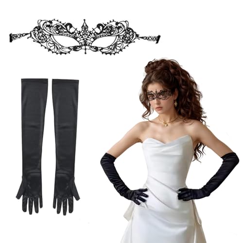 Nhgkju Spitze Augenmaske mit langen Handschuhen, 1 Satz Gothic Maskerade Maske Set für Frauen Karneval Cocktail Party Cosplay Kostüm Zubehör, Schwarz von Nhgkju