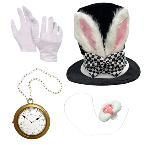 Nhujevkom Hasenkostüm Zubehör Set,Plüschohren Hut Nasenaccessoire Handschuhe mit Uhr - 4-teiliges Set Für Kostüme Erwachsene Nhujevkom Hasenkostüm Zubehör Set,Plüschohren Hut Nasenaccessoire Handschuhe mit Uhr - 4-teiliges Set Für Kostüme Erwachsene von Nhujevkom