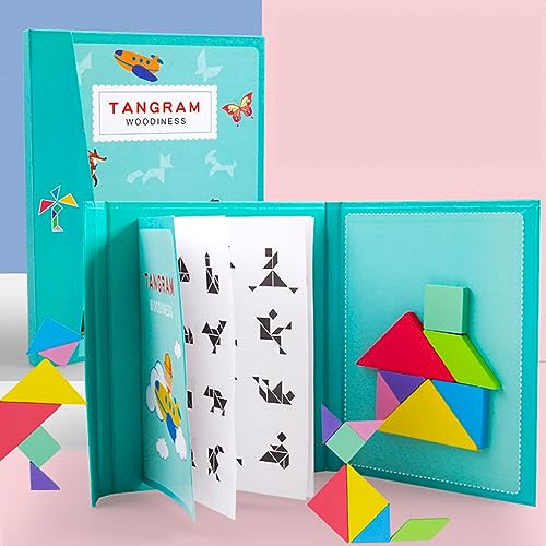 Geometrie Spiele Musterblöcke,Reise Tangram Puzzle,Tangram Magnetisch Puzzle Buch 96 Möglichkeiten zu Spielen Trainiere Das Gehirn,Tangram Holzpuzzles für Kinder und Erwachsene (Grün) von NiC IS COCNG