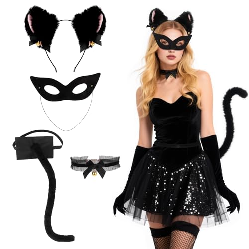 NiCola Halloween-Kostüm für Teenager, Mädchen, schwarze Katze, Halloween-Kostüm, 4 Stück, schwarze Katze mit niedlichem Ohr-Stirnband, Schwanzmaske, Halskette für Party, Schule, Spielen, Süßes oder NiCola Halloween-Kostüm für Teenager, Mädchen, schwarze Katze, Halloween-Kostüm, 4 Stück, schwarze Katze mit niedlichem Ohr-Stirnband, Schwanzmaske, Halskette für Party, Schule, Spielen, Süßes oder von NiCola