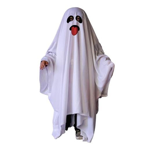 NiCola Kinder Ghost White Hooded Cape Gruseliges kreatives Halloween-Kostüm Lächeln Geist Outfit für Jungen Mädchen Lustiges Kinder Cosplay Kostüm für Cosplay Trick or Treating Party von NiCola