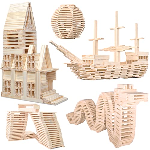 NiToy 200 Stück Holzbausteine, Kreative Montessori STEM Bauklötze aus Natur Kiefernholz, Sensorisches Spielzeug für Kinder, Bildungs-Lernspielzeug ab 1 Jahr, 3D Raumstapelspiele für Jungen und Mädchen von NiToy