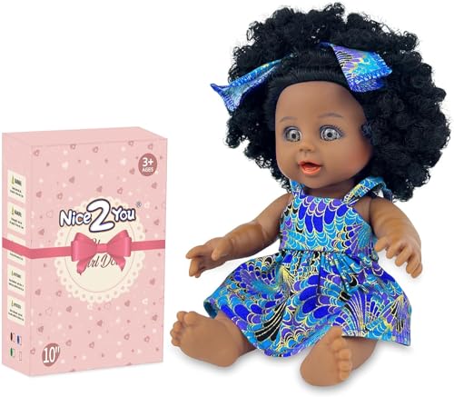 Nice2you 10 Zoll Schwarze Puppe für Mädchen, 25cm Afrikanische Babypuppe mit lockigem Haar, Puppen Spielzeug für Kinder Alter 2 3 4 5 Jahre, Reborn Baby Doll mit Mode Dressing von Nice2you