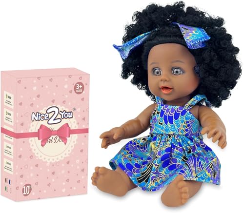 Nice2you 10 Zoll Schwarze Puppe für Mädchen, 25cm Afrikanische Babypuppe mit lockigem Haar, Puppen Spielzeug für Kinder Alter 2 3 4 5 Jahre, Reborn Baby Doll mit Mode Dressing von Nice2you