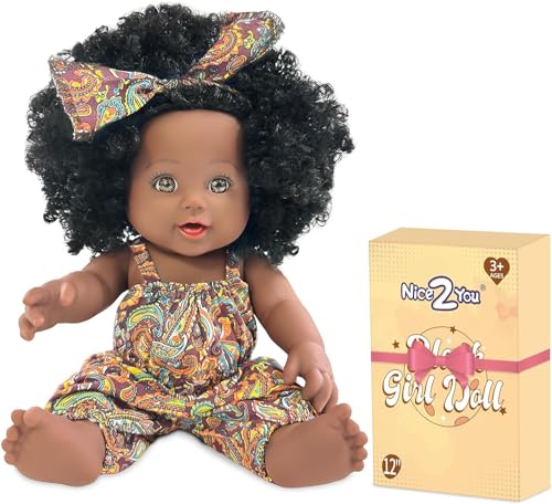 Nice2you 12 Zoll Schwarze Puppe für Mädchen, 30cm Afrikanische Babypuppe mit lockigem Haar, Puppen Spielzeug für Kinder Alter 2 3 4 5 Jahre, Reborn Baby Doll mit Mode Dressing für Geburtstagsgeschenk von Nice2you