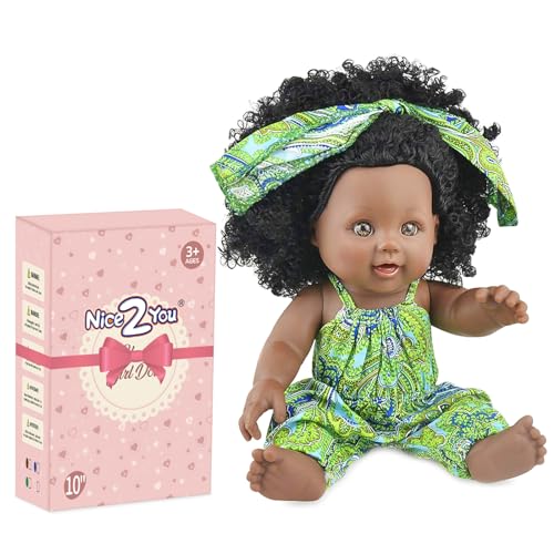 Nice2you 10 Zoll Schwarze Puppe für Mädchen, 25cm Afrikanische Babypuppe mit lockigem Haar, Puppen Spielzeug für Kinder Alter 2 3 4 5 Jahre, Reborn Baby Doll mit Mode Dressing（grün） von Nice2you