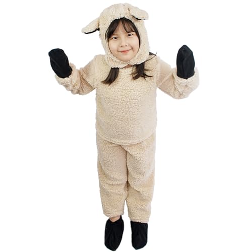 Little Boy Girl Halloween Sheep Costume, Fuzzy Long Sleeved Round Neck Tops + Hat + Gloves + Socks + Pants (Apricot Sheep, XL) von Niceyoeuk
