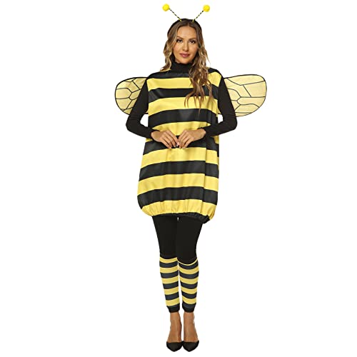 Niceyoeuk Bienen-Cosplay-Kostüm-Set für Damen, Mädchen, Bienenkleid mit Flügeln, Stirnband, Bein, Halloween, Rollenspiel, Partyzubehör (Erwachsene, Gelb, L) von Niceyoeuk