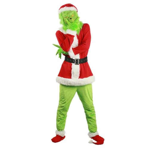 Niceyoeuk Christmas Green Monster Costume How The Green Monster Stole Christmas 7PCS Costume Set with Mask Halloween Xmas Funny Cosplay Costume Props (Red, XL) von Niceyoeuk