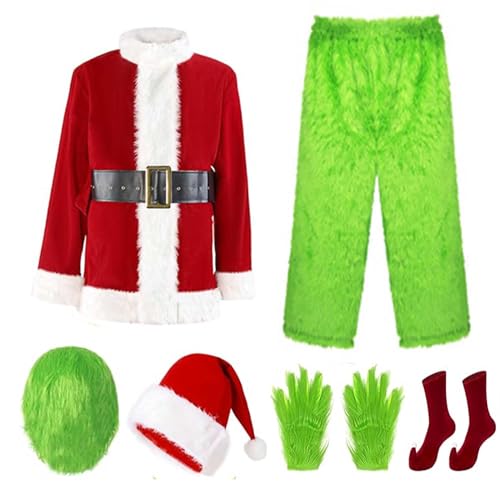 Niceyoeuk Christmas Green Monster Costume How The Green Monster Stole Christmas 7PCS Costume Set with Mask Halloween Xmas Funny Cosplay Costume Props (Red, XXL) von Niceyoeuk