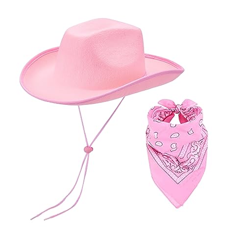 Niceyoeuk Cowboyhüte für Damen, Cowgirl-Hut mit Schal, verstellbarer Kinnriemen für Halloween, Cowboy-Kostüm, Mottoparty (Rosa, Einheitsgröße) von Niceyoeuk