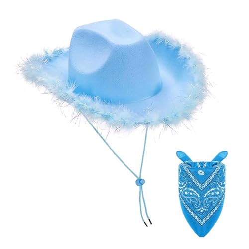 Niceyoeuk Cowboyhüte für Damen, Strass, breite Krempe, Western-Stil, pelzige Cowgirl-Hüte, Halloween, Cosplay, Partyzubehör (Blau 02, 2 Stück) von Niceyoeuk