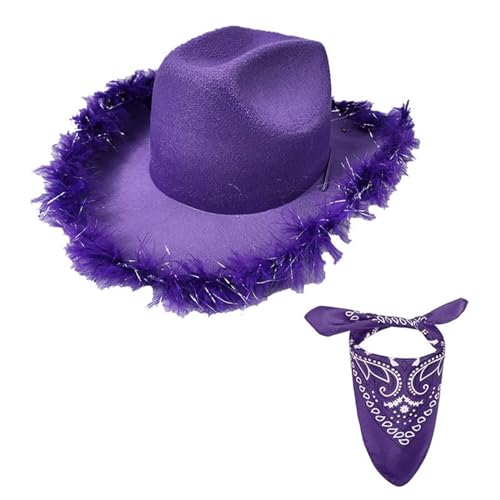 Niceyoeuk Cowboyhüte für Damen, Strass, breite Krempe, Western-Stil, pelzige Cowgirl-Hüte, Halloween, Cosplay, Partyzubehör (Violett 02, 2 Stück) von Niceyoeuk