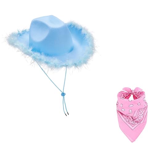 Niceyoeuk Cowboyhut für Damen, Cowgirl-Hut mit Schal, verstellbarer Kinnriemen für Halloween, Cowboy-Kostüm, Themenparty (blauer roher Rand, Einheitsgröße) von Niceyoeuk