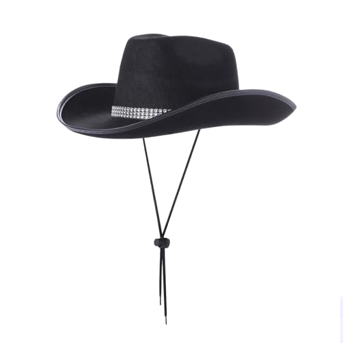 Niceyoeuk Cowboyhut für Damen, breite Krempe, Strass, Cowgirl-Hut für Mädchen, Jungen, Halloween, Geburtstag, Motto-Party (Schwarz, Einheitsgröße) von Niceyoeuk