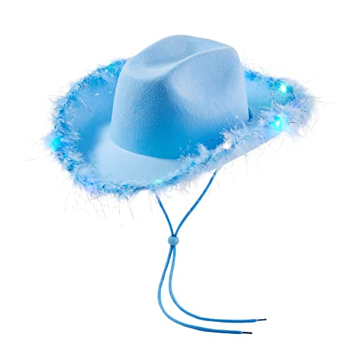 Niceyoeuk Cowboyhut für Damen, mit buntem LED-Licht, flauschige Federkrempe, Cowgirl-Hut für Halloween, Cosplay, Kostümparty (C, Einheitsgröße) von Niceyoeuk