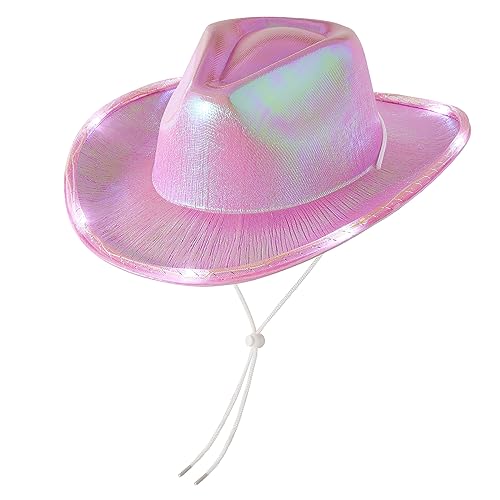Niceyoeuk Cowboyhut für Damen, mit buntem LED-Licht, flauschige Federkrempe, Cowgirl-Hut für Halloween, Cosplay, Kostümparty (J, Einheitsgröße) von Niceyoeuk
