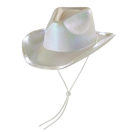 Niceyoeuk Cowboyhut für Damen, mit buntem LED-Licht, flauschige Federkrempe, Cowgirl-Hut für Halloween, Cosplay, Kostümparty (K, Einheitsgröße) von Niceyoeuk