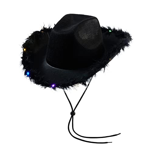 Niceyoeuk Cowgirl-Hut mit buntem LED-Licht für Damen und Mädchen, flauschige Federkrempe, Cowboyhut für Kostümparty, Halloween, Cosplay (B, Einheitsgröße) von Niceyoeuk