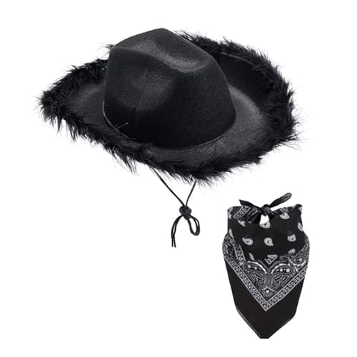 Niceyoeuk Frauen 2 Stück Strass Cowboy Hüte Sets Breite Krempe Western Stil Pelzige Cowgirl Hüte Hallween Cosplay Partybedarf (Schwarz 02, 2 Stück) von Niceyoeuk