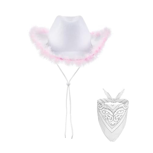 Niceyoeuk Frauen 2 Stück Strass Cowboy Hüte Sets Breite Krempe Western Stil Pelzige Cowgirl Hüte Hallween Cosplay Partybedarf (Weiß 02, 2 Stück) von Niceyoeuk