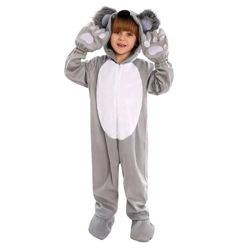 Niceyoeuk Halloween-Cosplay-Kostüm-Set für Kinder, langärmeliger Front-Reißverschluss, Kapuzenoverall + Koala-Handschuhe, 3-teiliges Cosplay-Halloween-Outfit für Jungen und Mädchen (Grau, S) von Niceyoeuk