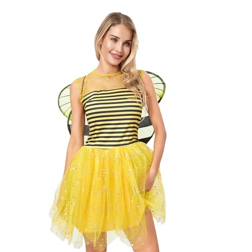Niceyoeuk Halloween Fee Cosplay Kostüm Pailletten Blumenfee Mädchen Kleid Mehrlagiges Tüll Tutu Kleid mit Flügeln (Gelb, XS) von Niceyoeuk