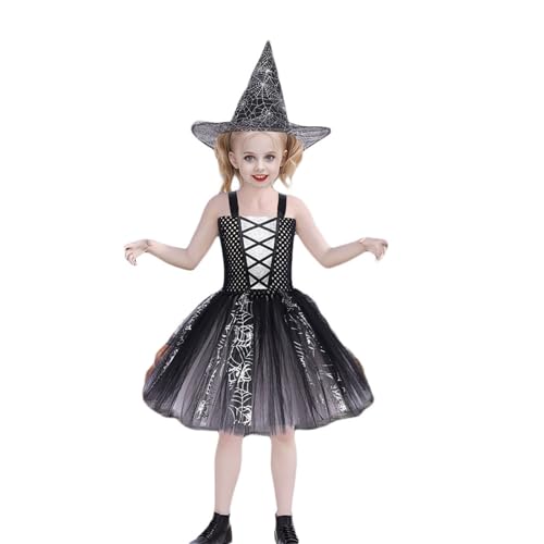 Niceyoeuk Halloween-Hexenkostüm für Mädchen, Spinnennetz-Muster, geschwollener Tüll, Cami-Kleid, Hut, Besen, Cosplay-Set (Dunkelgrau, 5–6 Jahre) von Niceyoeuk