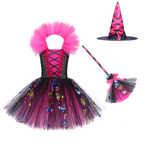 Niceyoeuk Halloween-Hexenkostüme für Mädchen, Pailletten, Tutu, Kleider, Hut, Besen, Schleife, ärmellos, Cosplay-Sets (Rosa, 5–6 Jahre) von Niceyoeuk