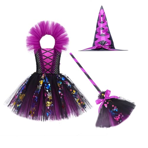 Niceyoeuk Halloween-Hexenkostüme für Mädchen, Pailletten, Tutu, Kleider, Hut, Besen, Schleife, ärmellos, Cosplay-Sets (lila, 3–4T) von Niceyoeuk