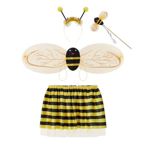 Niceyoeuk Halloween-Kinder-Kostüm-Set, Biene/Marienkäfer-Flügel, Tutu, Rock, Stirnband, Zauberstab, Cosplay, Party-Zubehör (gelb, 4-teilig) von Niceyoeuk