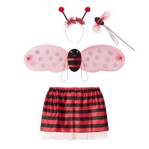 Niceyoeuk Halloween-Kinder-Kostüm-Set, Biene/Marienkäfer-Flügel, Tutu, Rock, Stirnband, Zauberstab, Cosplay, Party-Zubehör (rot, 4-teilig) von Niceyoeuk