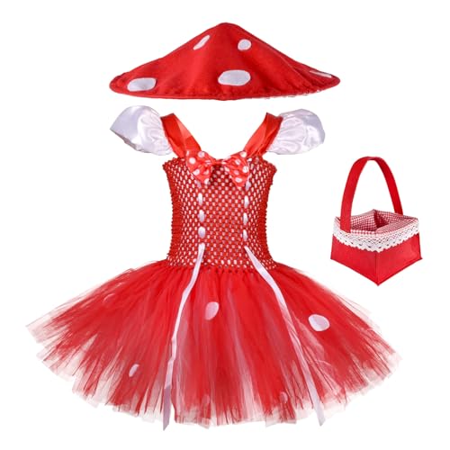 Niceyoeuk Halloween-Kostüm für Mädchen, Deluxe, Puffärmel und Tüllschleife vorne, für Korb, Hut-Set für Cosplay-Party, Rot, 11-12T von Niceyoeuk